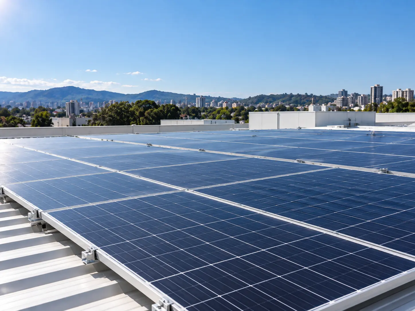 Placas fotovoltaicas instaladas em cobertura comercial