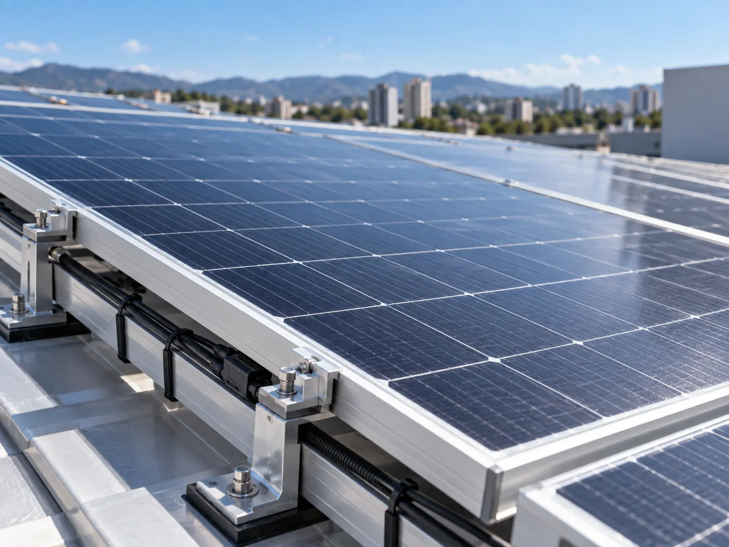 Detalhe da estrutura de fixação de energia solar