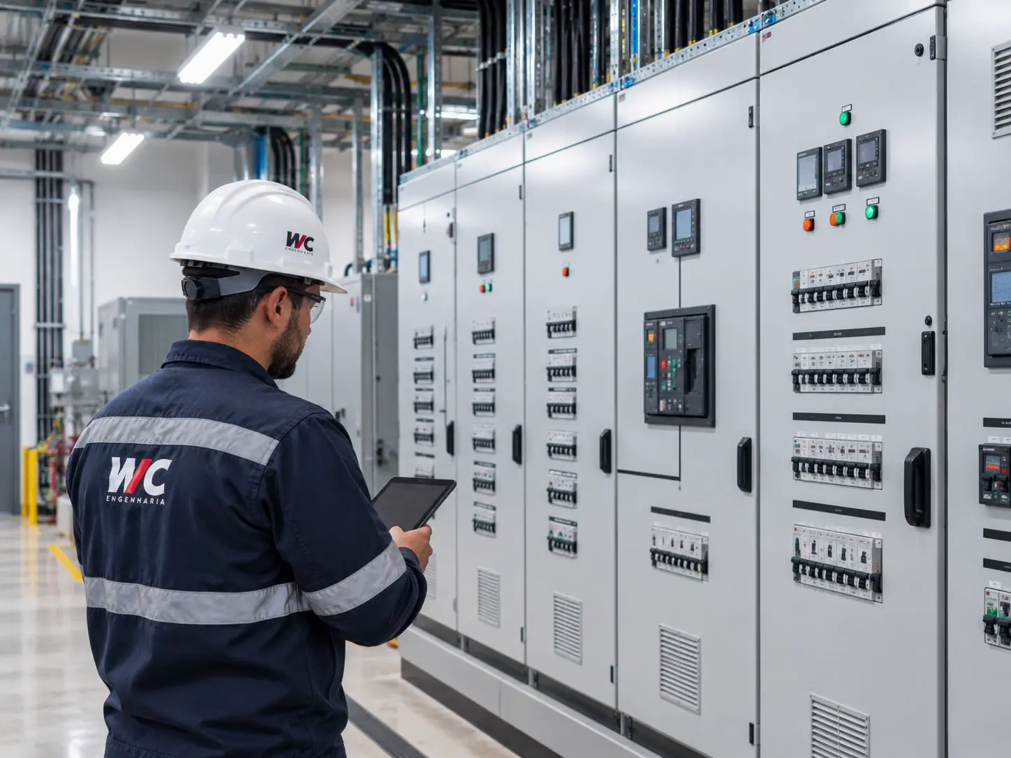 Técnico da WC inspecionando quadro elétrico