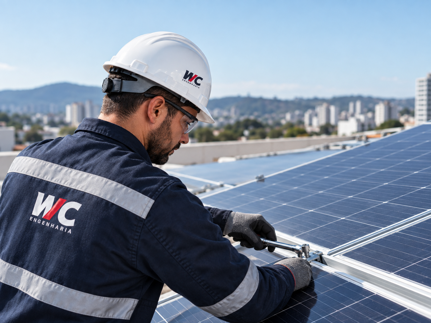 Instalação de módulos de energia solar em cobertura
