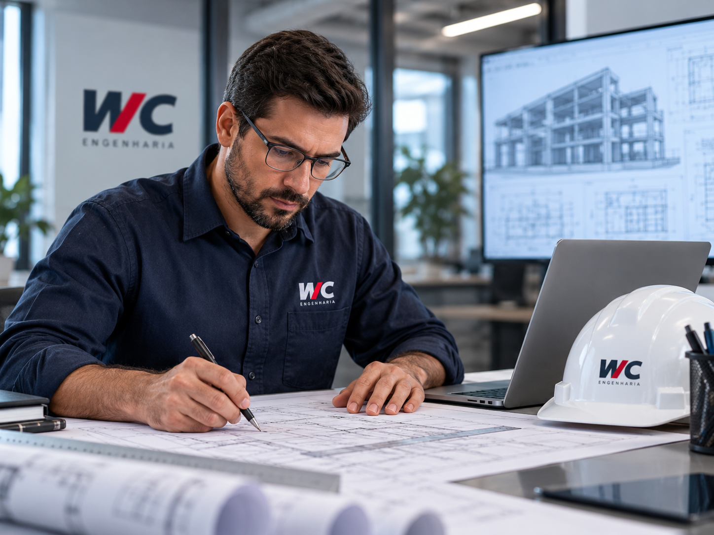 Engenheiro desenvolvendo projeto técnico em escritório